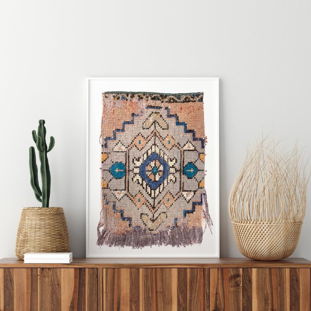 Vintage Distressed Boho Turkish Wool Rug Wall Art